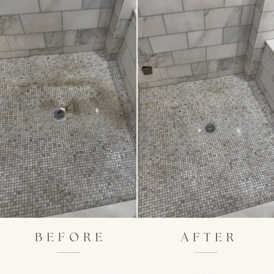 Shower floor before and after cleaning